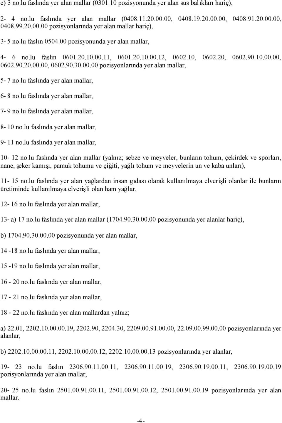 lu faslında yer alan mallar, 6-8 no.lu faslında yer alan mallar, 7-9 no.lu faslında yer alan mallar, 8-10 no.lu faslında yer alan mallar, 9-11 no.lu faslında yer alan mallar, 10-12 no.