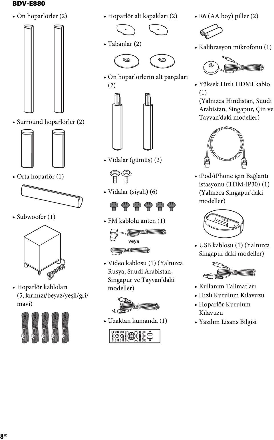 ipod/iphone için Bağlantı istasyonu (TDM-iP30) (1) (Yalnızca Singapur'daki modeller) Hoparlör kabloları (5, kırmızı/beyaz/yeşil/gri/ mavi) veya Video kablosu (1) (Yalnızca Rusya, Suudi