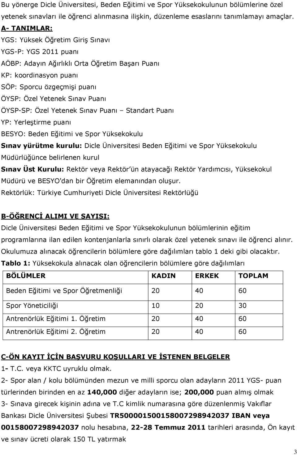 ÖYSP-SP: Özel Yetenek Sınav Puanı Standart Puanı YP: Yerleştirme puanı BESYO: Beden Eğitimi ve Spor Yüksekokulu Sınav yürütme kurulu: Dicle Üniversitesi Beden Eğitimi ve Spor Yüksekokulu Müdürlüğünce