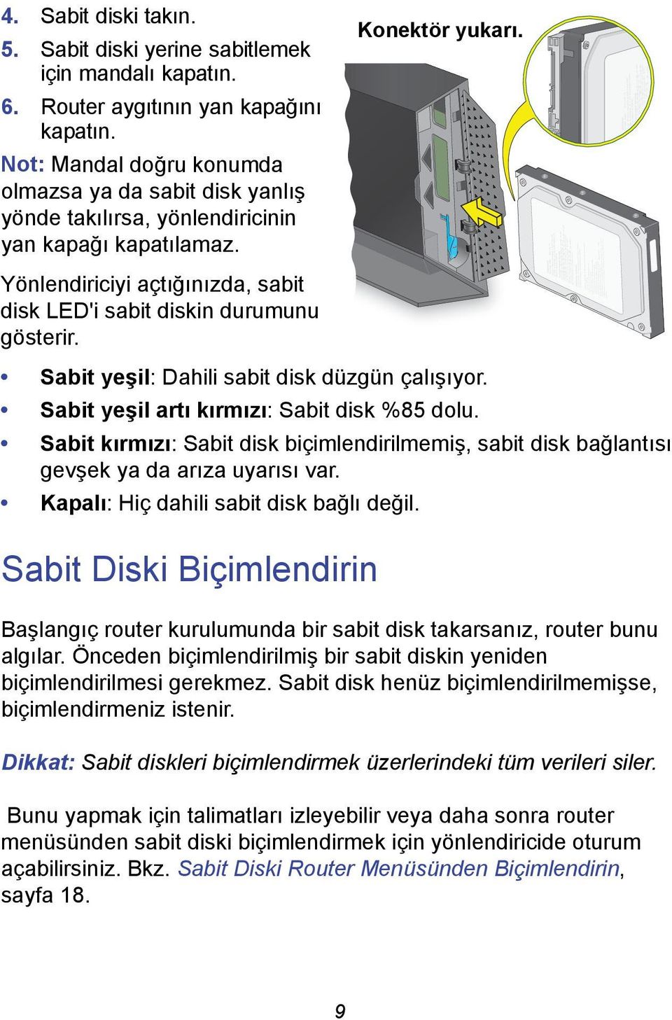 Sabit yeşil: Dahili sabit disk düzgün çalışıyor. Sabit yeşil artı kırmızı: Sabit disk %85 dolu. Sabit kırmızı: Sabit disk biçimlendirilmemiş, sabit disk bağlantısı gevşek ya da arıza uyarısı var.