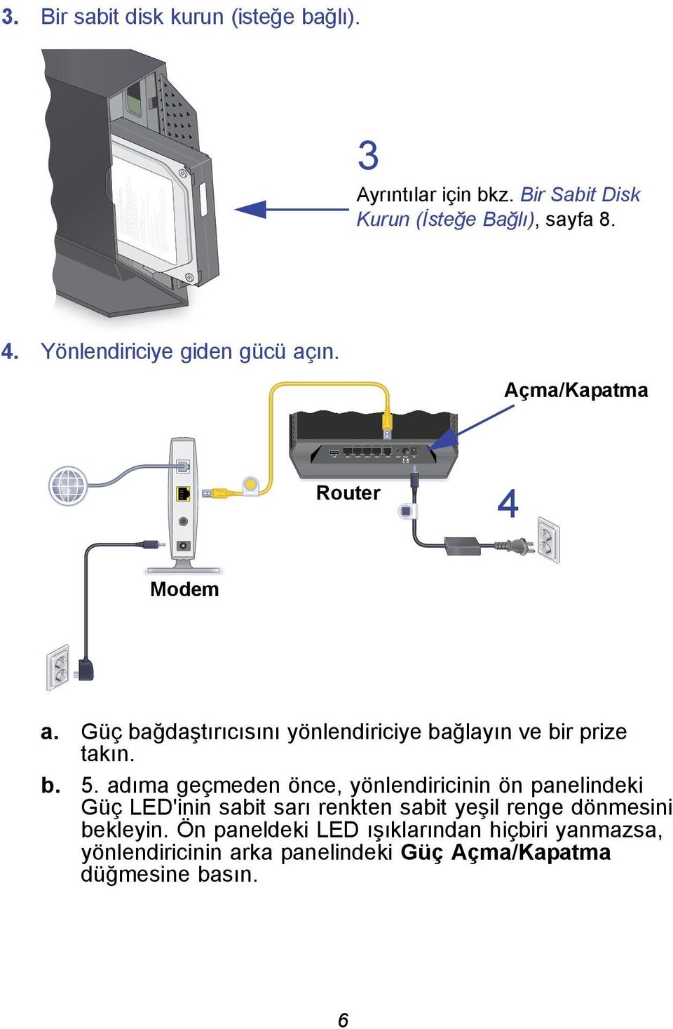 Güç bağdaştırıcısını yönlendiriciye bağlayın ve bir prize takın. b. 5.