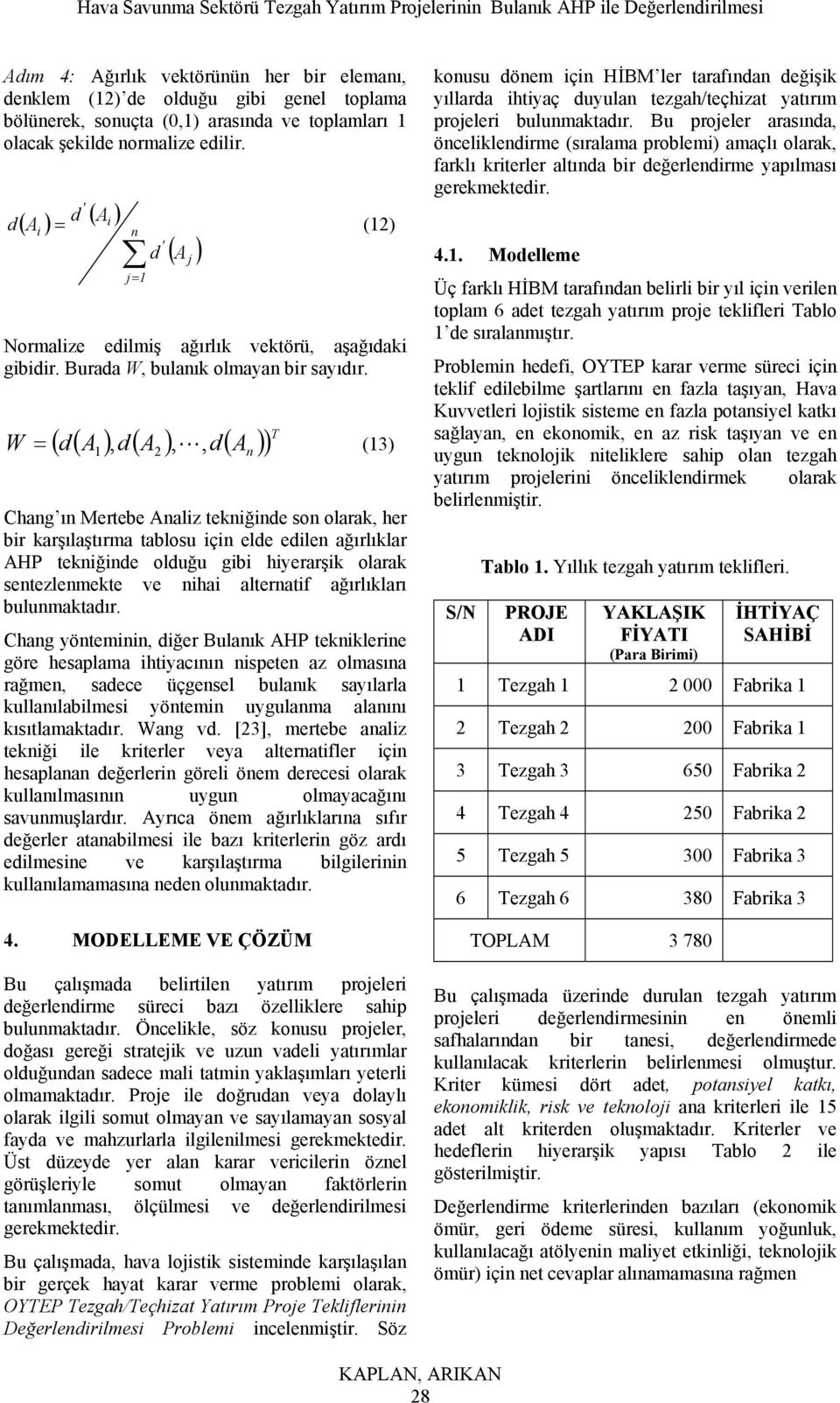 ( d( A ) d( A ), d( )) T W, (3), L Chag ı ertebe Aalz tekğde so olarak, her br karşılaştıra tablosu ç elde edle ağırlıklar AHP tekğde olduğu gb hyerarşk olarak setezleekte ve ha alteratf ağırlıkları