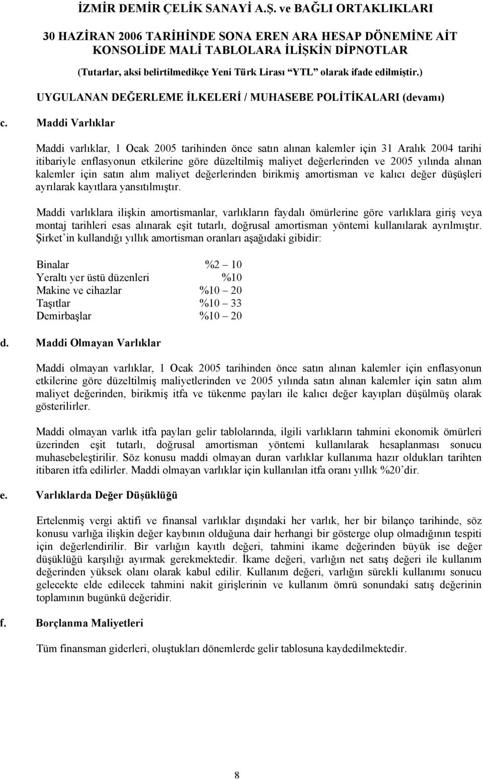 alınan kalemler için satın alım maliyet değerlerinden birikmiş amortisman ve kalıcı değer düşüşleri ayrılarak kayıtlara yansıtılmıştır.