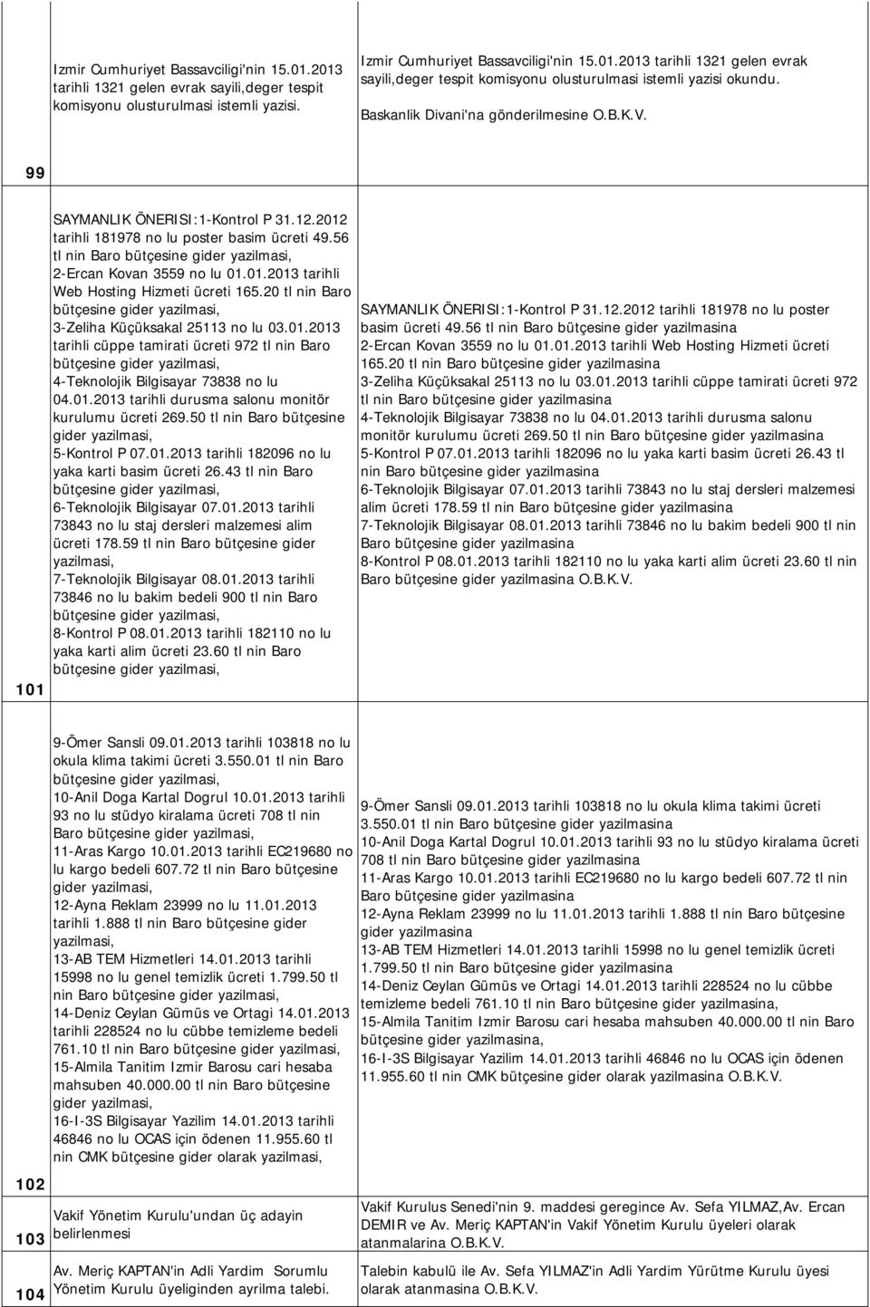 20 tl nin Baro 3-Zeliha Küçüksakal 25113 no lu 03.01.2013 tarihli cüppe tamirati ücreti 972 tl nin Baro 4-Teknolojik Bilgisayar 73838 no lu 04.01.2013 tarihli durusma salonu monitör kurulumu ücreti 269.