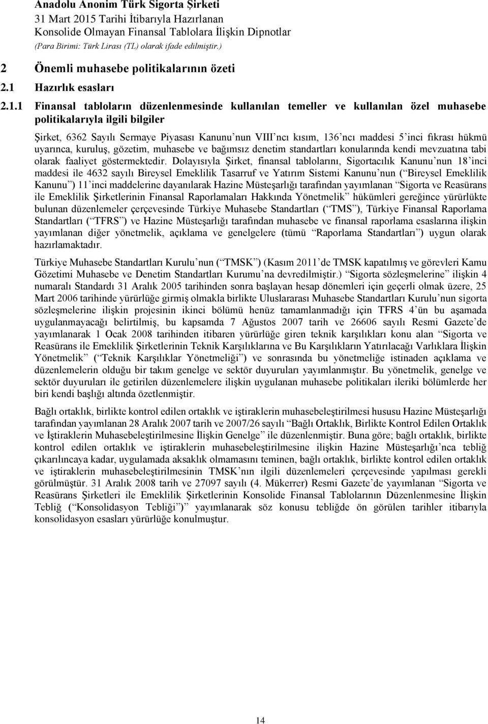 1 Finansal tabloların düzenlenmesinde kullanılan temeller ve kullanılan özel muhasebe politikalarıyla ilgili bilgiler Şirket, 6362 Sayılı Sermaye Piyasası Kanunu nun VIII ncı kısım, 136 ncı maddesi 5