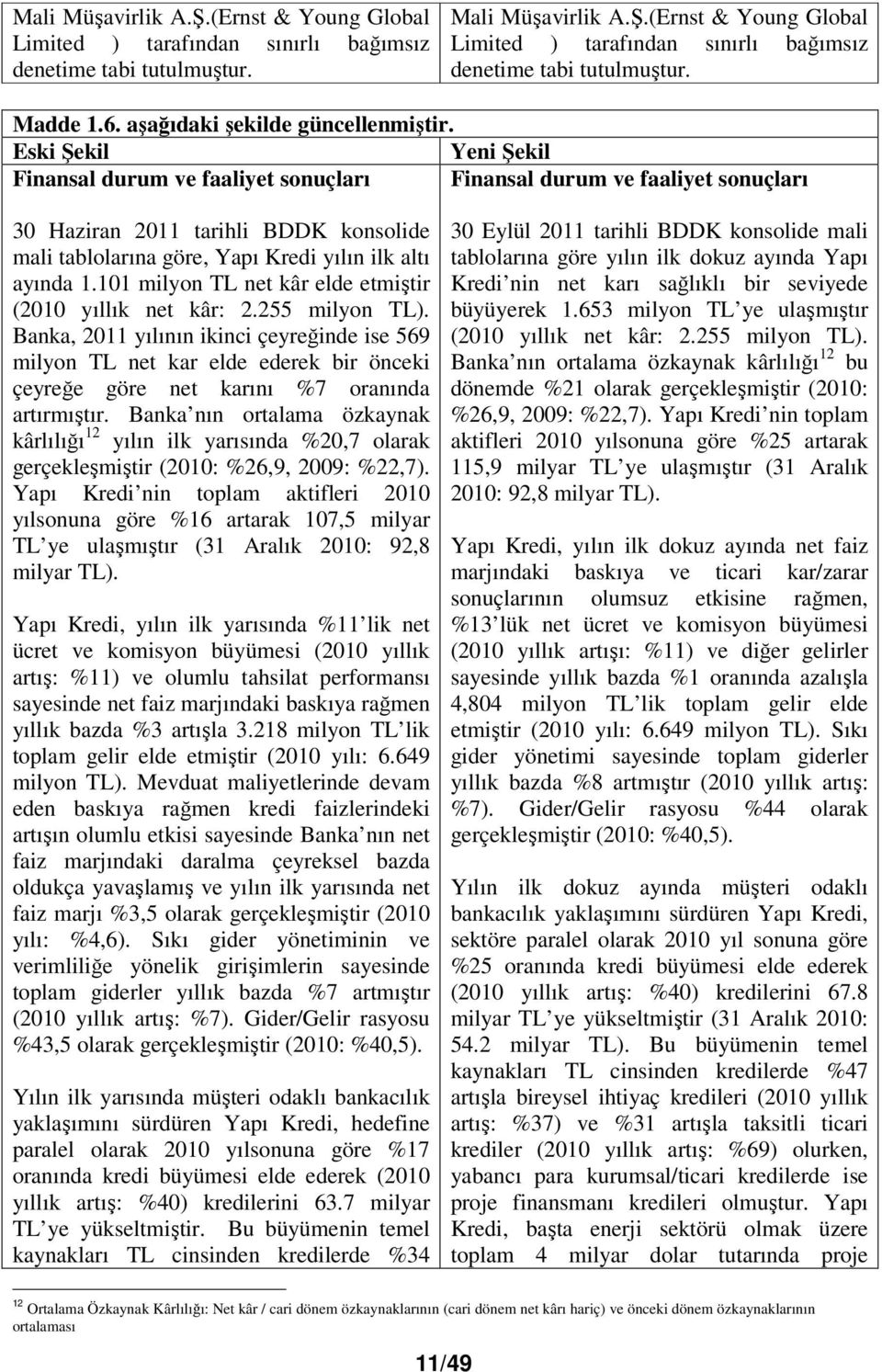 Finansal durum ve faaliyet sonuçları Finansal durum ve faaliyet sonuçları 30 Haziran 2011 tarihli BDDK konsolide mali tablolarına göre, Yapı Kredi yılın ilk altı ayında 1.