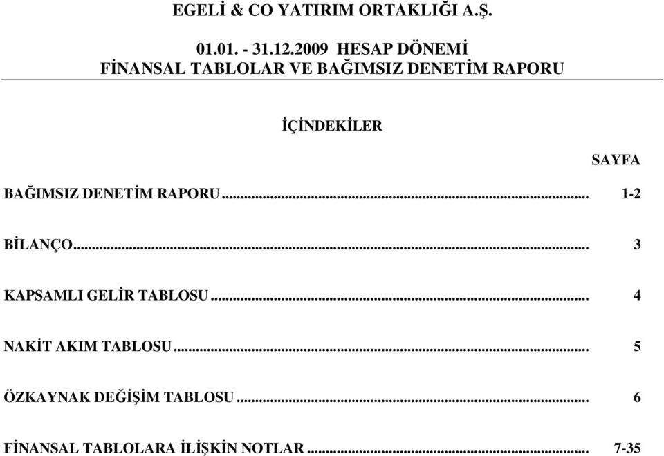 İÇİNDEKİLER SAYFA BAĞIMSIZ DENETİM RAPORU... 1-2 BİLANÇO.