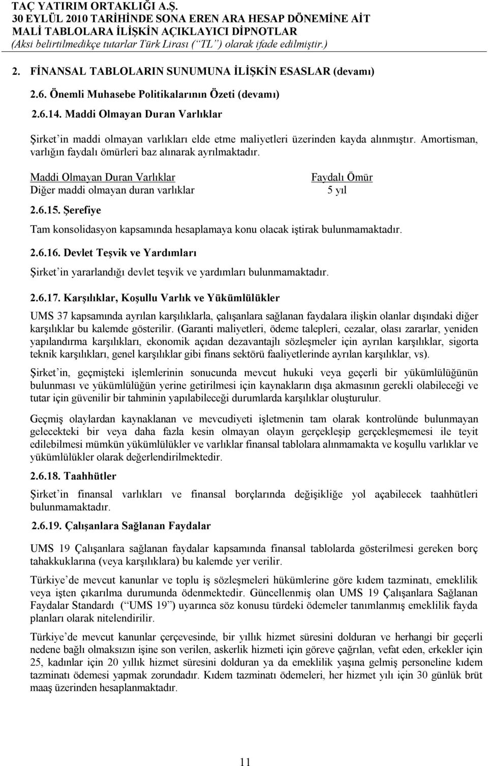 Maddi Olmayan Duran Varlıklar Diğer maddi olmayan duran varlıklar 2.6.15. Şerefiye Faydalı Ömür 5 yıl Tam konsolidasyon kapsamında hesaplamaya konu olacak iştirak bulunmamaktadır. 2.6.16.