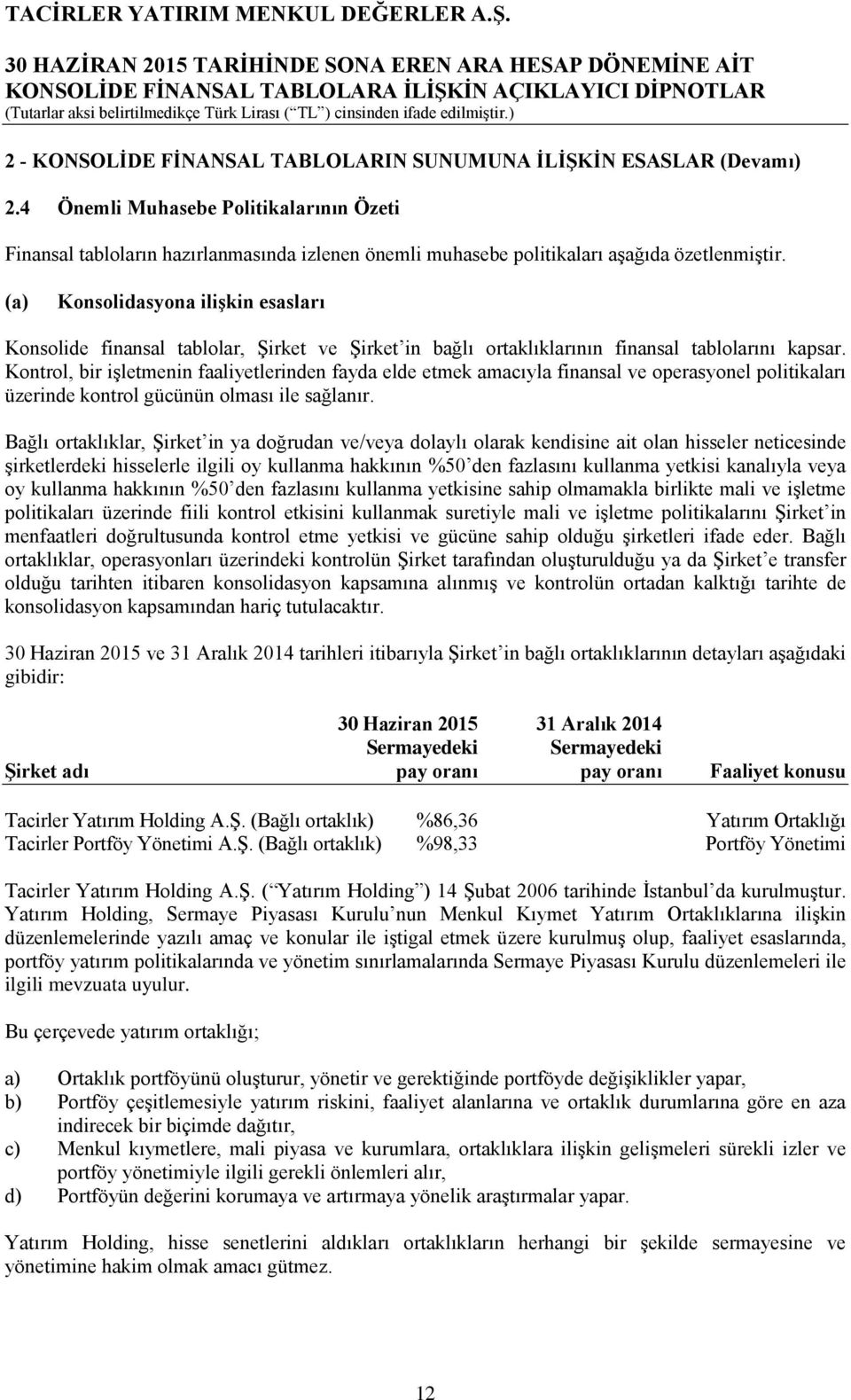 (a) Konsolidasyona ilişkin esasları Konsolide finansal tablolar, Şirket ve Şirket in bağlı ortaklıklarının finansal tablolarını kapsar.