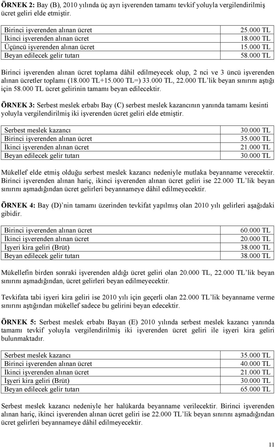 000 TL Birinci işverenden alınan ücret toplama dâhil edilmeyecek olup, 2 nci ve 3 üncü işverenden alınan ücretler toplamı (18.000 TL+15.000 TL=) 33.000 TL, 22.000 TL lik beyan sınırını aştığı için 58.