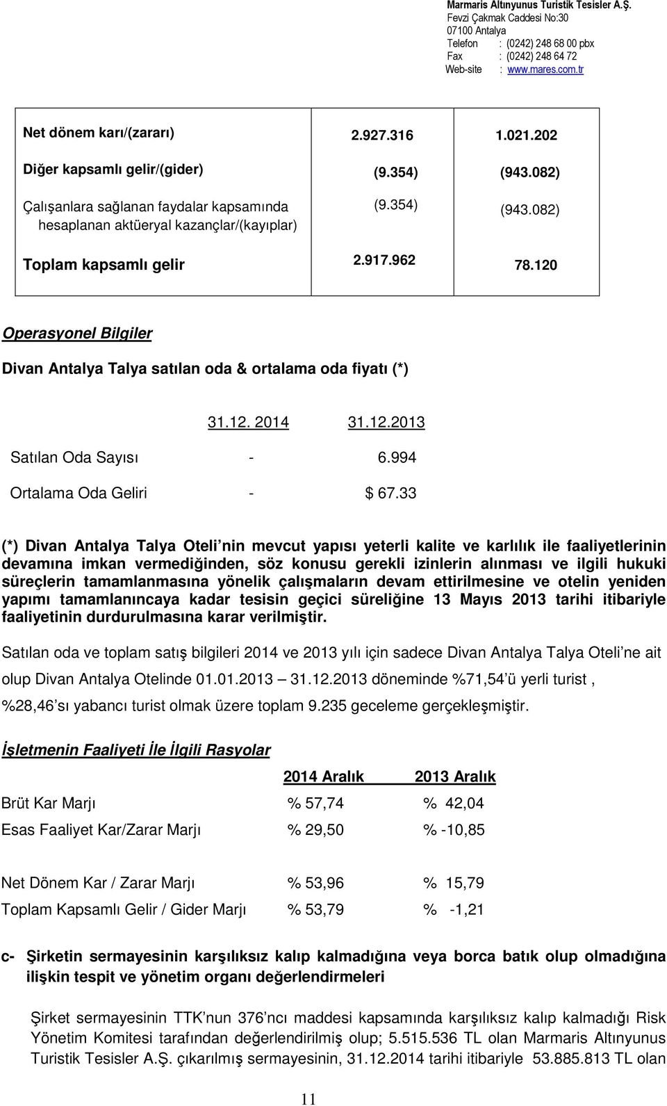 33 (*) Divan Antalya Talya Oteli nin mevcut yapısı yeterli kalite ve karlılık ile faaliyetlerinin devamına imkan vermediğinden, söz konusu gerekli izinlerin alınması ve ilgili hukuki süreçlerin