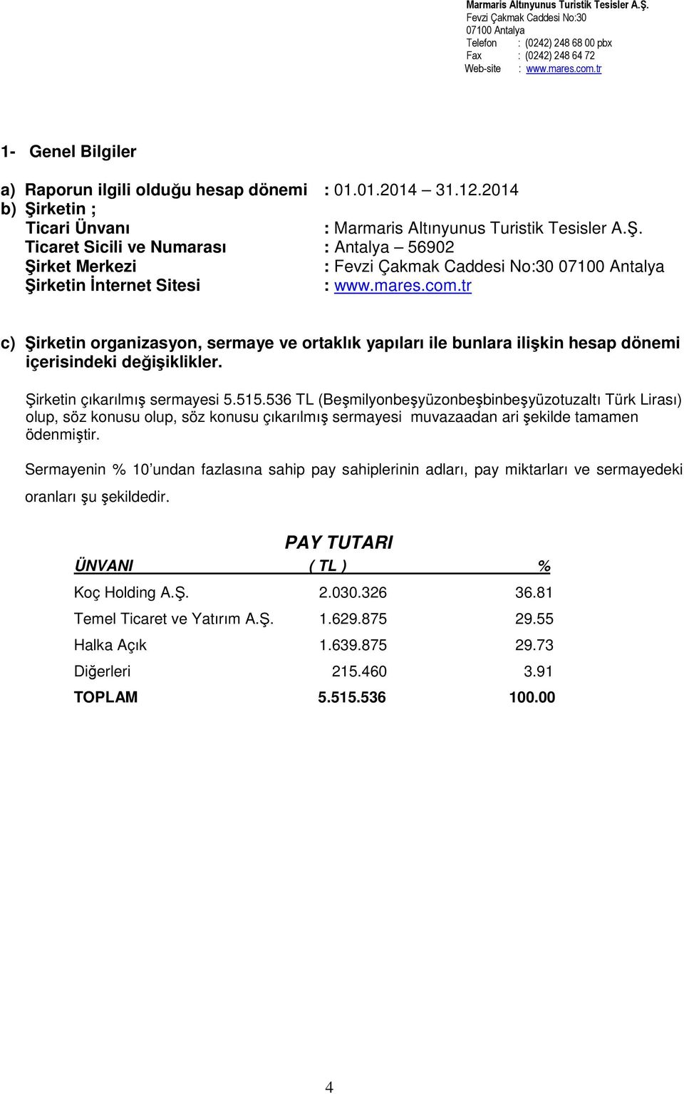 536 TL (Beşmilyonbeşyüzonbeşbinbeşyüzotuzaltı Türk Lirası) olup, söz konusu olup, söz konusu çıkarılmış sermayesi muvazaadan ari şekilde tamamen ödenmiştir.