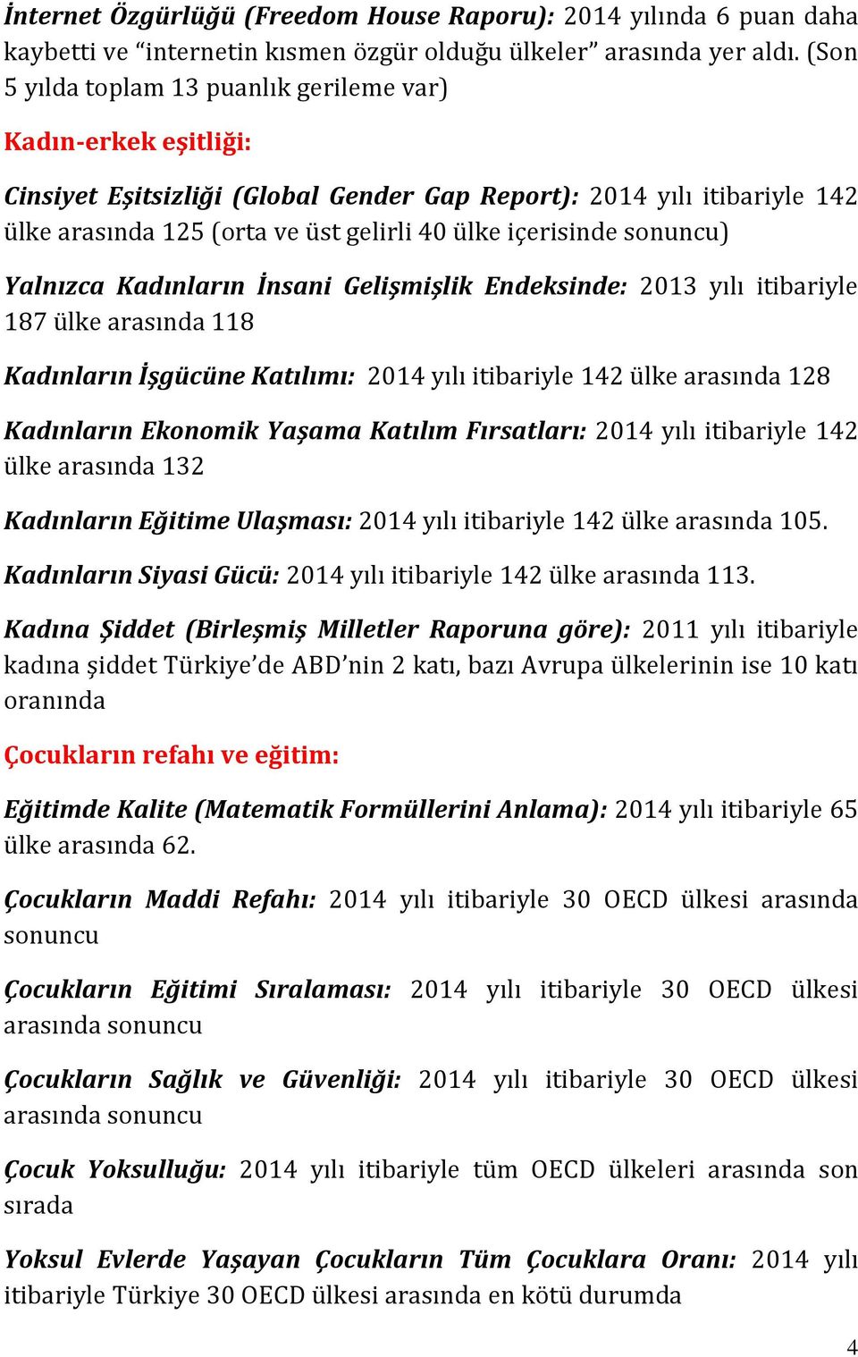 sonuncu) Yalnızca Kadınların İnsani Gelişmişlik Endeksinde: 2013 yılı itibariyle 187 ülke arasında 118 Kadınların İşgücüne Katılımı: 2014 yılı itibariyle 142 ülke arasında 128 Kadınların Ekonomik