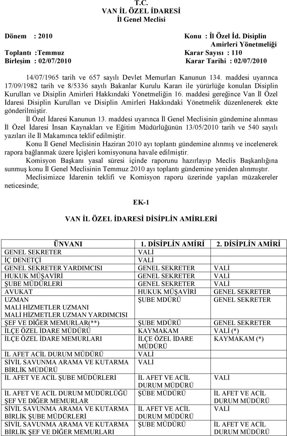 maddesi uyarınca 17/09/1982 tarih ve 8/5336 sayılı Bakanlar Kurulu Kararı ile yürürlüğe konulan Disiplin Kurulları ve Disiplin Amirleri Hakkındaki Yönetmeliğin 16.