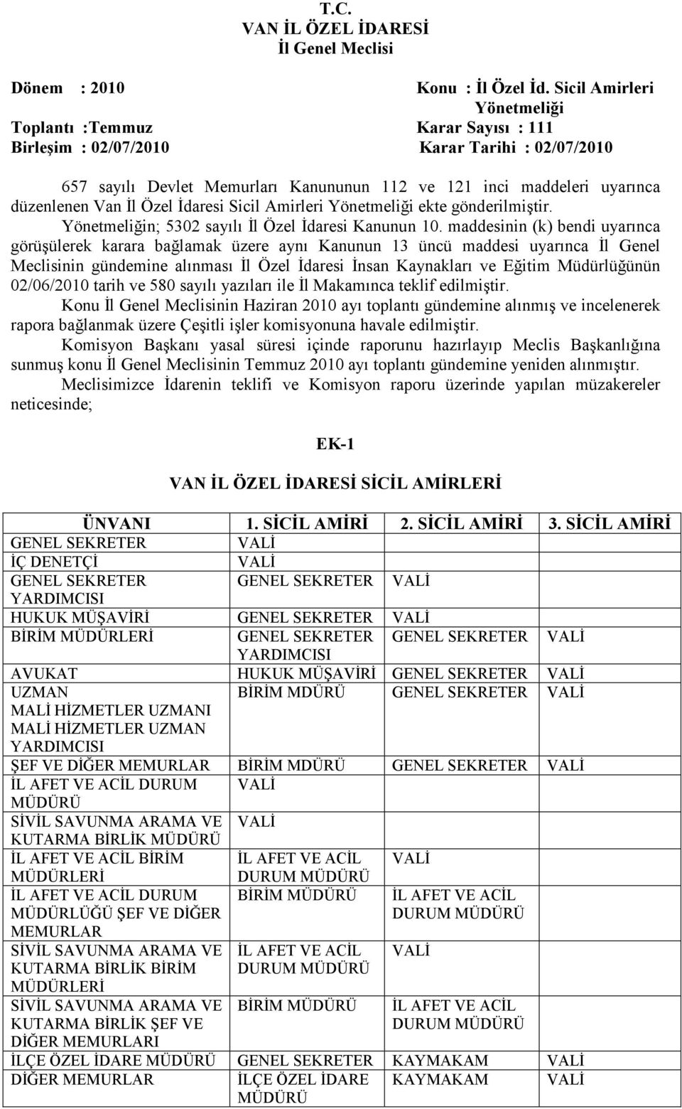 Đl Özel Đdaresi Sicil Amirleri Yönetmeliği ekte gönderilmiştir. Yönetmeliğin; 5302 sayılı Đl Özel Đdaresi Kanunun 10.