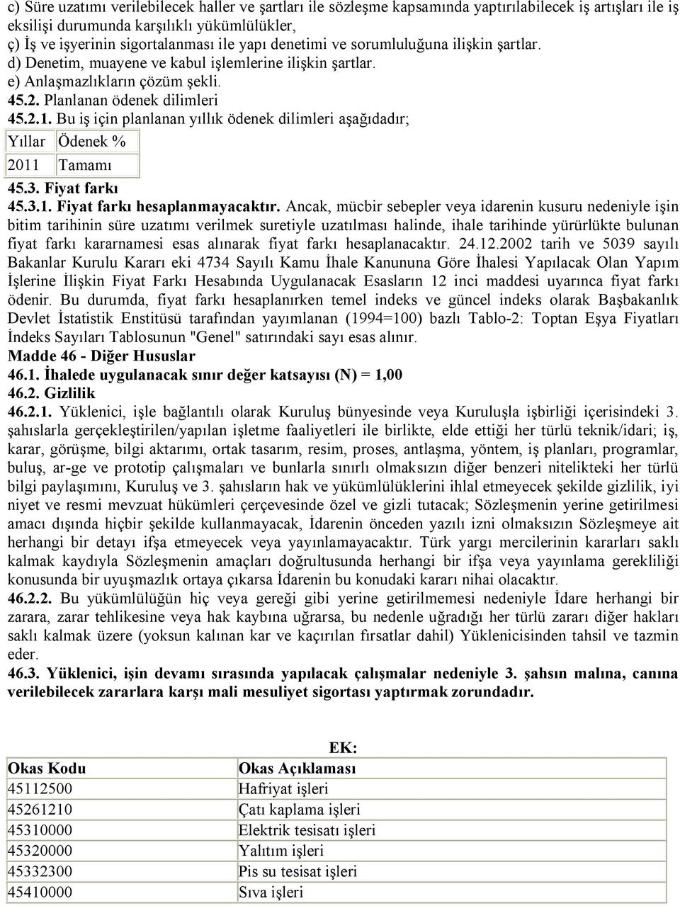 Bu iş için planlanan yıllık ödenek dilimleri aşağıdadır; Yıllar Ödenek % 2011 Tamamı 45.3. Fiyat farkı 45.3.1. Fiyat farkı hesaplanmayacaktır.