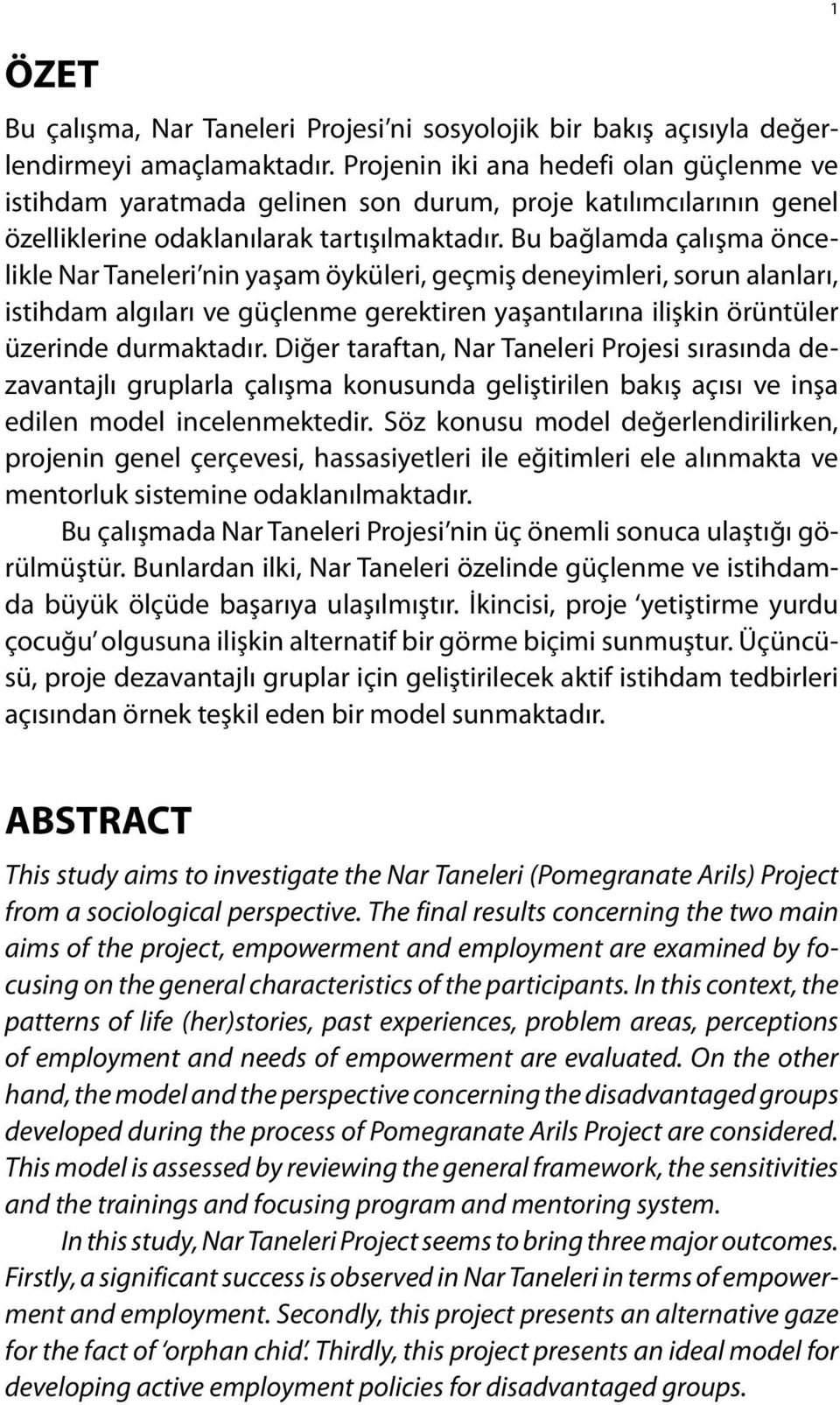 Bu bağlamda çalışma öncelikle Nar Taneleri nin yaşam öyküleri, geçmiş deneyimleri, sorun alanları, istihdam algıları ve güçlenme gerektiren yaşantılarına ilişkin örüntüler üzerinde durmaktadır.