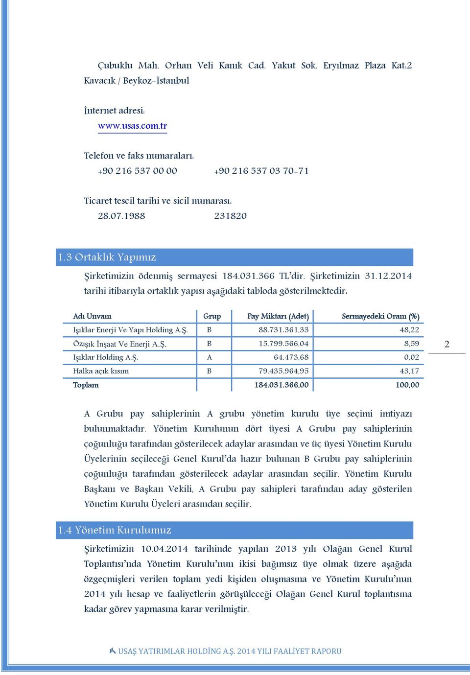 Şirketimizin 31.12.2014 tarihi itibarıyla ortaklık yapısı aşağıdaki tabloda gösterilmektedir: Adı ı Unvanı Grup Pay Miktarı ı (Adet) Sermayedeki Oranı ı (%) Işıklar Enerji Ve Yapı Holding A.Ş. B 88.