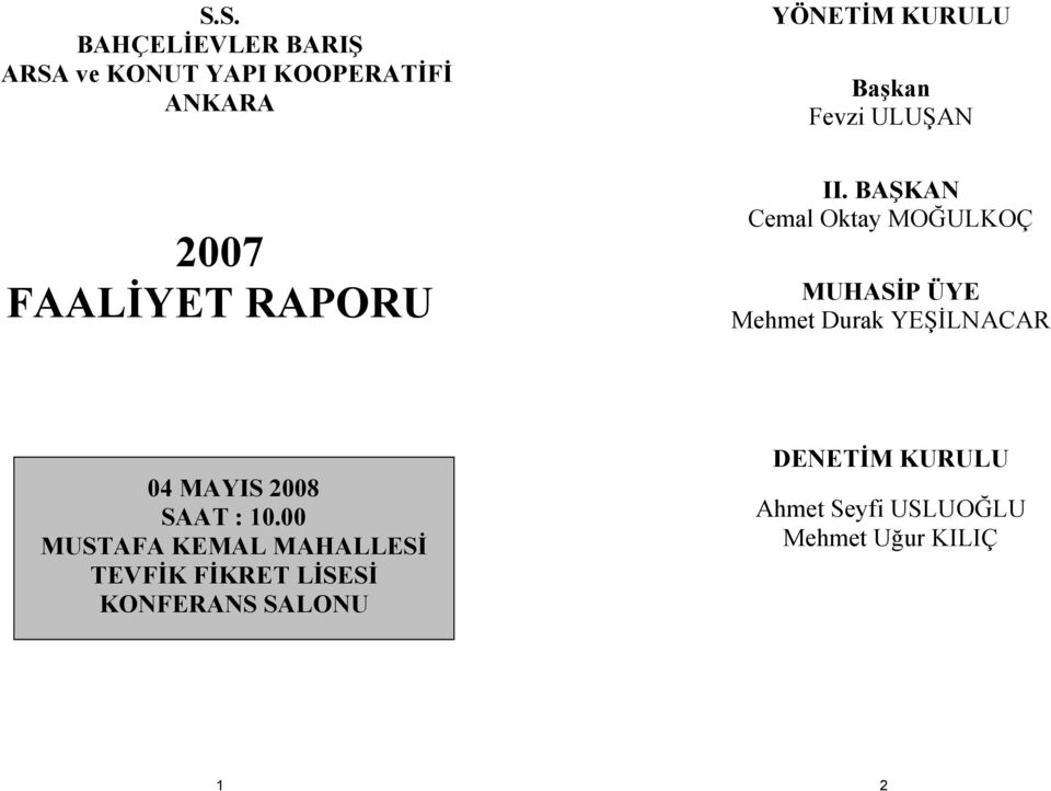 BAŞKAN Cemal Oktay MOĞULKOÇ MUHASİP ÜYE Mehmet Durak YEŞİLNACAR 04 MAYIS 2008 SAAT