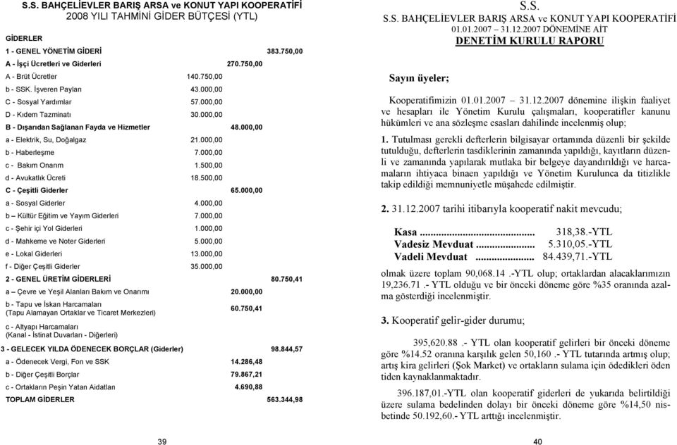 000,00 a - Elektrik, Su, Doğalgaz 21.000,00 b - Haberleşme 7.000,00 c - Bakım Onarım 1.500,00 d - Avukatlık Ücreti 18.500,00 C - Çeşitli Giderler 65.000,00 a - Sosyal Giderler 4.