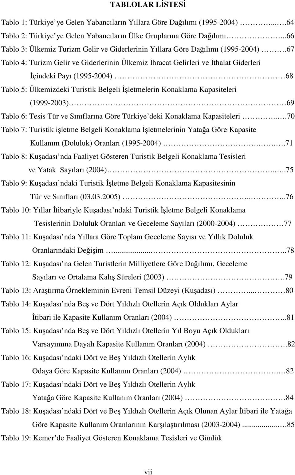 67 Tablo 4: Turizm Gelir ve Giderlerinin Ülkemiz İhracat Gelirleri ve İthalat Giderleri İçindeki Payı (1995-2004) 68 Tablo 5: Ülkemizdeki Turistik Belgeli İşletmelerin Konaklama Kapasiteleri