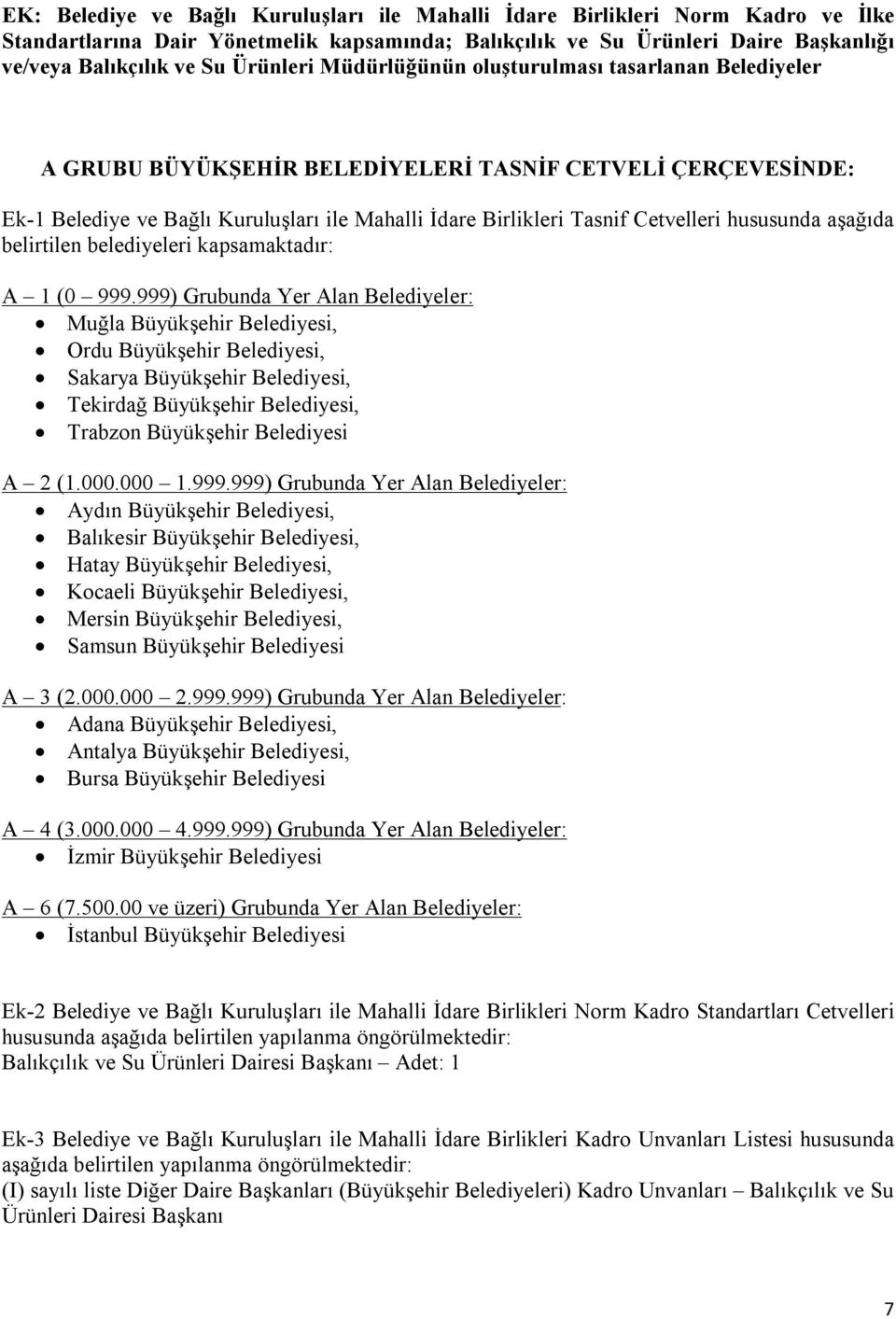 Cetvelleri hususunda aşağıda belirtilen belediyeleri kapsamaktadır: A 1 (0 999.