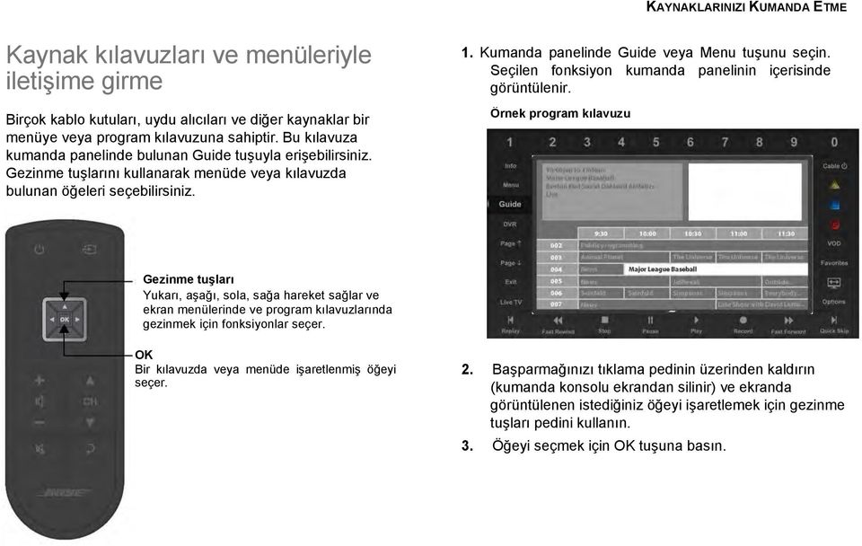 Kumanda panelinde Guide veya Menu tuşunu seçin. Seçilen fonksiyon kumanda panelinin içerisinde görüntülenir.