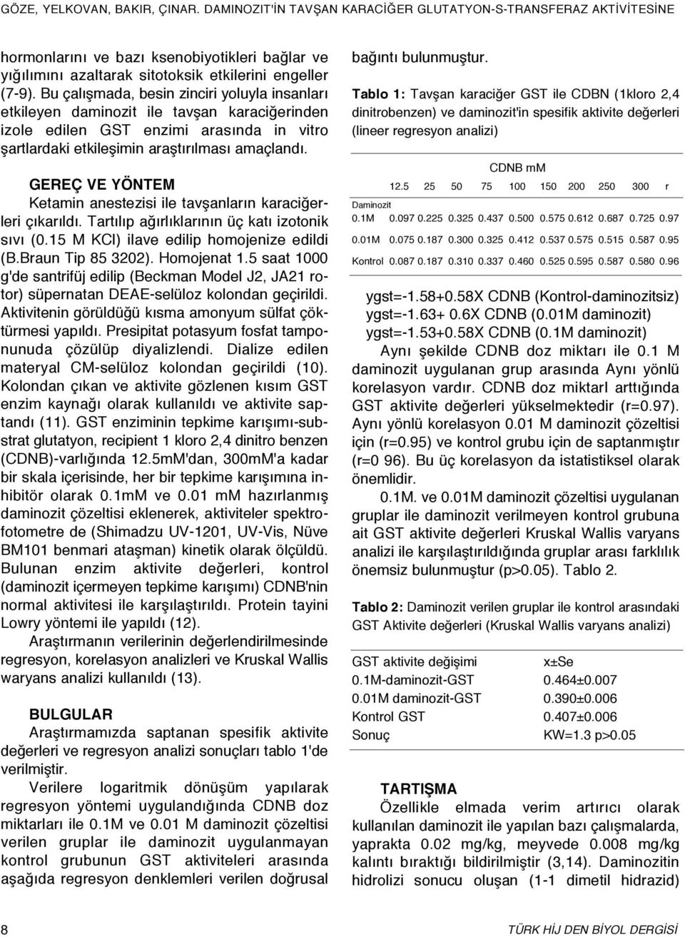 Bu çalışmada, besin zinciri yoluyla insanları etkileyen daminozit ile tavşan karaciğerinden izole edilen GST enzimi arasında in vitro şartlardaki etkileşimin araştırılması amaçlandı.