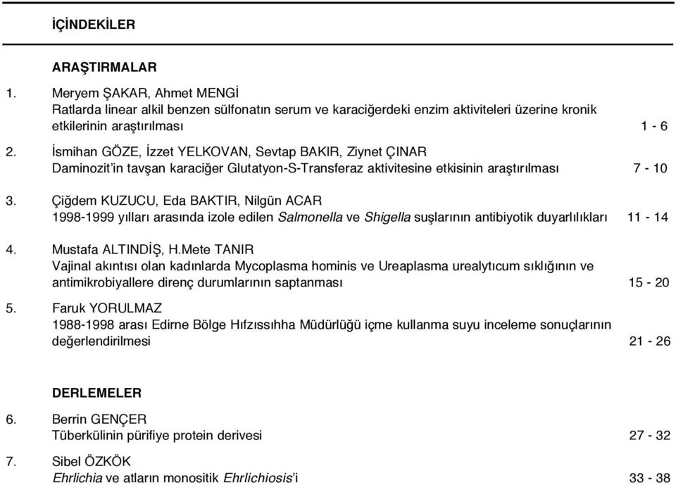 Çiğdem KUZUCU, Eda BAKTIR, Nilgün ACAR 1998-1999 yılları arasında izole edilen Salmonella ve Shigella suşlarının antibiyotik duyarlılıkları 11-14 4. Mustafa ALTINDİŞ, H.