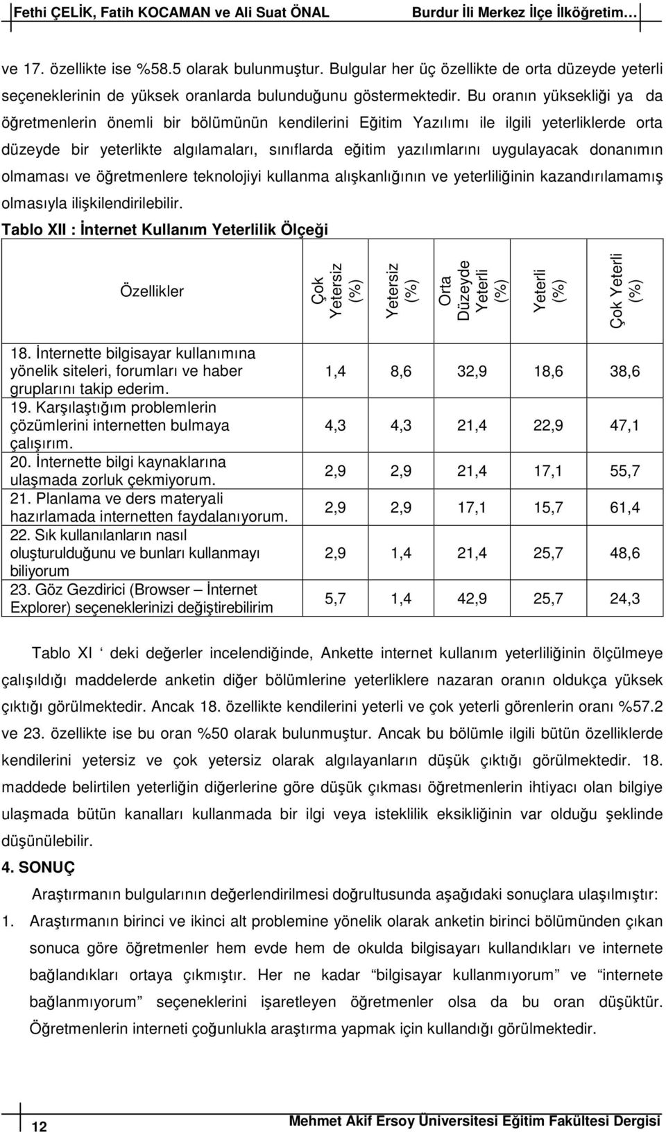 Bu oranın yüksekliği ya da öğretmenlerin önemli bir bölümünün kendilerini Eğitim Yazılımı ile ilgili yeterliklerde orta düzeyde bir yeterlikte algılamaları, sınıflarda eğitim yazılımlarını