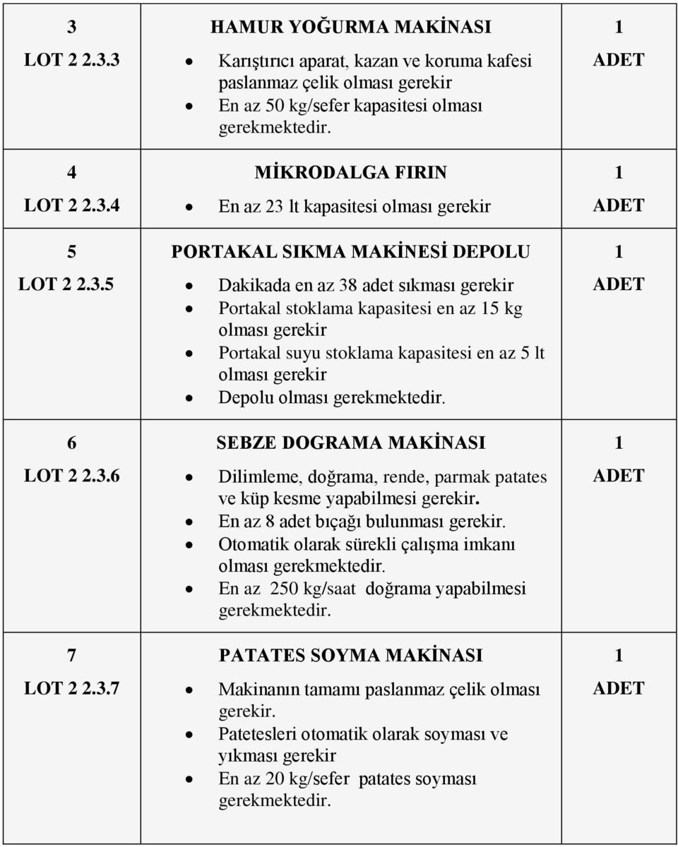 olması 6 SEBZE DOGRAMA MAKİNASI LOT 2 2.3.6 Dilimleme, doğrama, rende, parmak patates ve küp kesme yapabilmesi gerekir. En az 8 adet bıçağı bulunması gerekir.