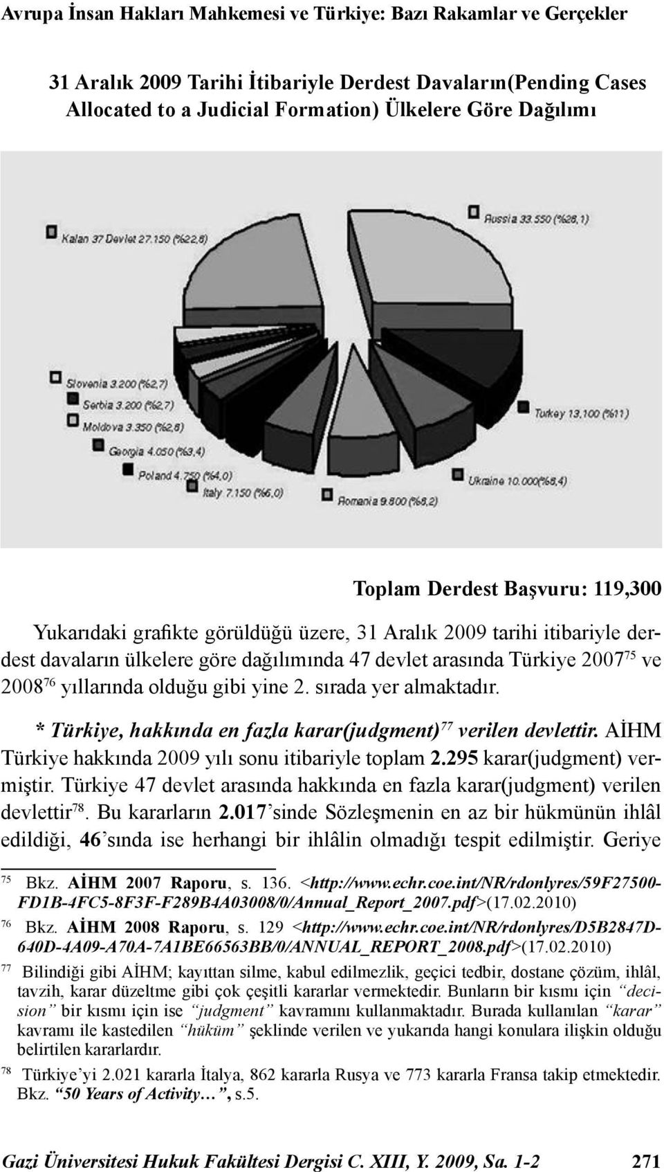 olduğu gibi yine 2. sırada yer almaktadır. * Türkiye, hakkında en fazla karar(judgment) 77 verilen devlettir. AİHM Türkiye hakkında 2009 yılı sonu itibariyle toplam 2.295 karar(judgment) vermiştir.