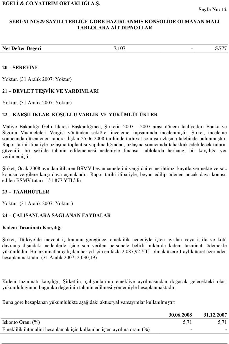 Sigorta Muameleleri Vergisi yönünden sektörel inceleme kapsamında incelenmiştir. Şirket, inceleme sonucunda düzenlenen rapora ilişkin 25.06.