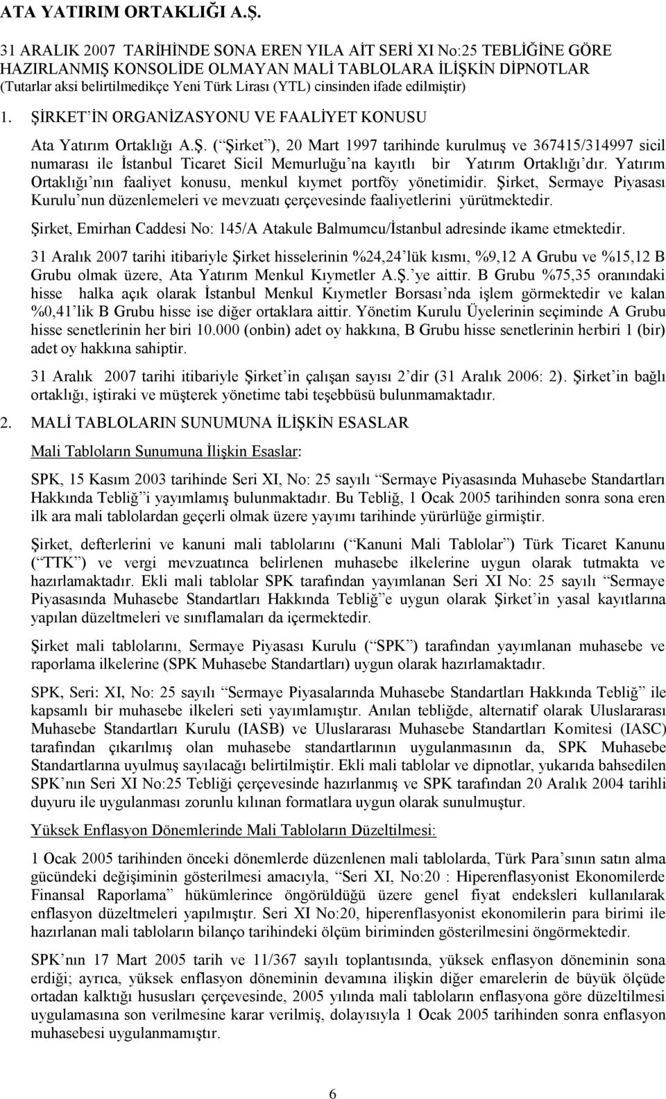 Yatırım Ortaklığı nın faaliyet konusu, menkul kıymet portföy yönetimidir. Şirket, Sermaye Piyasası Kurulu nun düzenlemeleri ve mevzuatı çerçevesinde faaliyetlerini yürütmektedir.