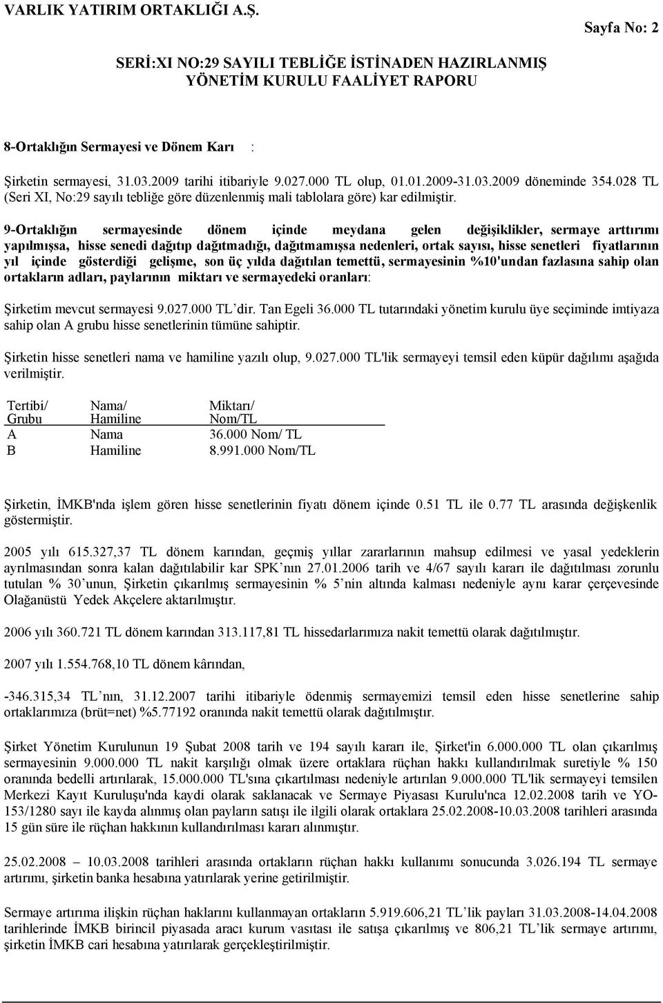 9-Ortaklığın sermayesinde dönem içinde meydana gelen değişiklikler, sermaye arttırımı yapılmışsa, hisse senedi dağıtıp dağıtmadığı, dağıtmamışsa nedenleri, ortak sayısı, hisse senetleri fiyatlarının