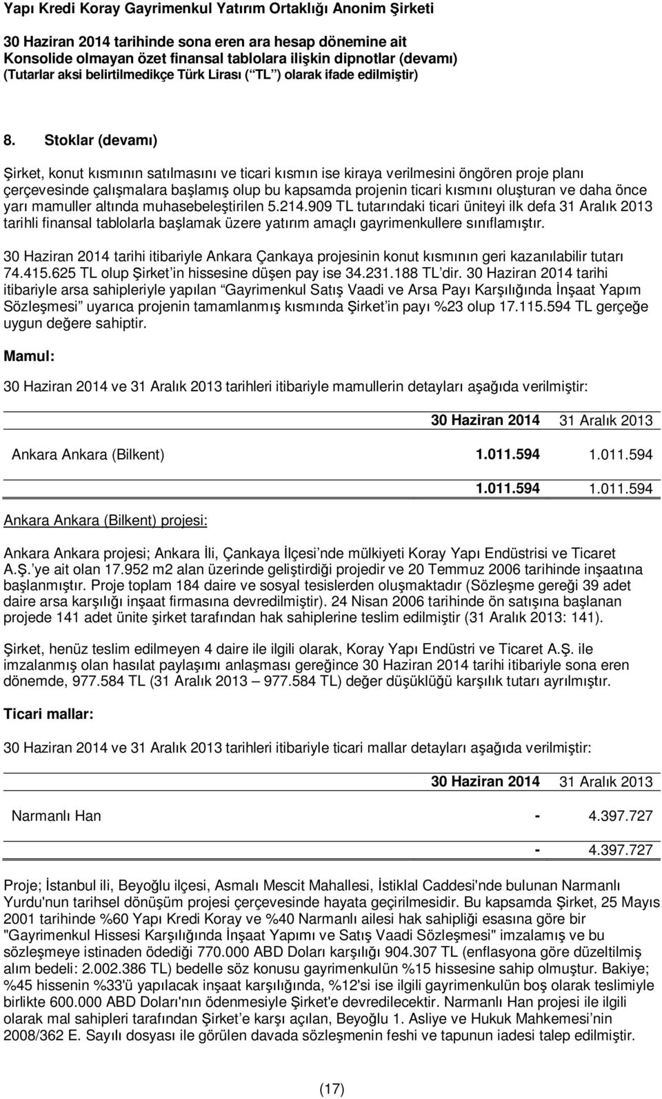 909 TL tutarındaki ticari üniteyi ilk defa 31 Aralık 2013 tarihli finansal tablolarla başlamak üzere yatırım amaçlı gayrimenkullere sınıflamıştır.