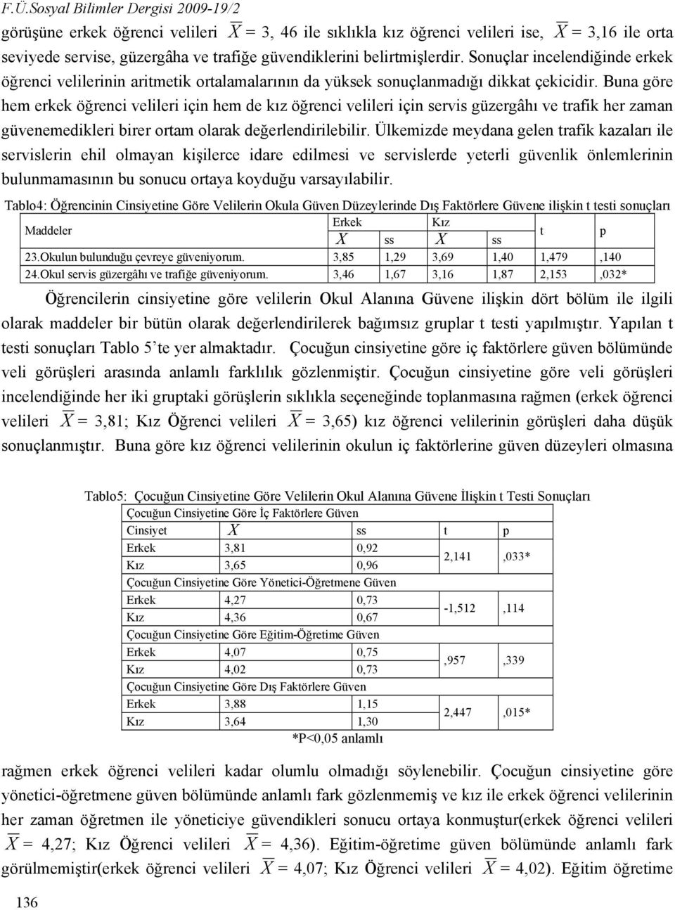 Buna göre hem erkek öğrenci velileri için hem de kız öğrenci velileri için servis güzergâhı ve trafik her zaman güvenemedikleri birer ortam olarak değerlendirilebilir.