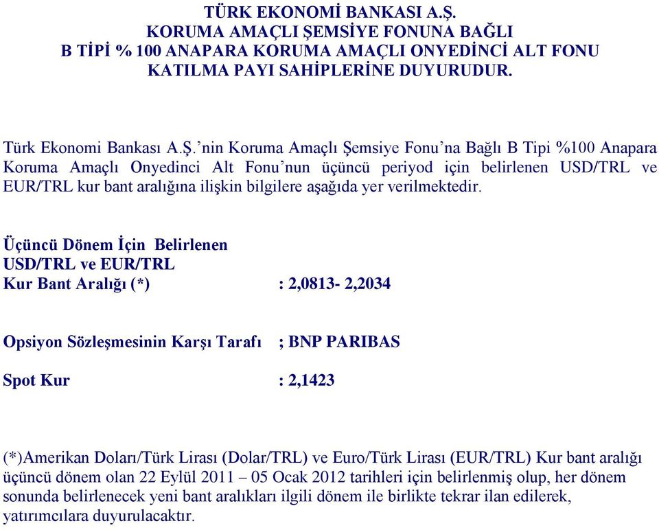 Üçüncü Dönem Ġçin Belirlenen Kur Bant Aralığı (*) : 2,0813-2,2034 Spot Kur :