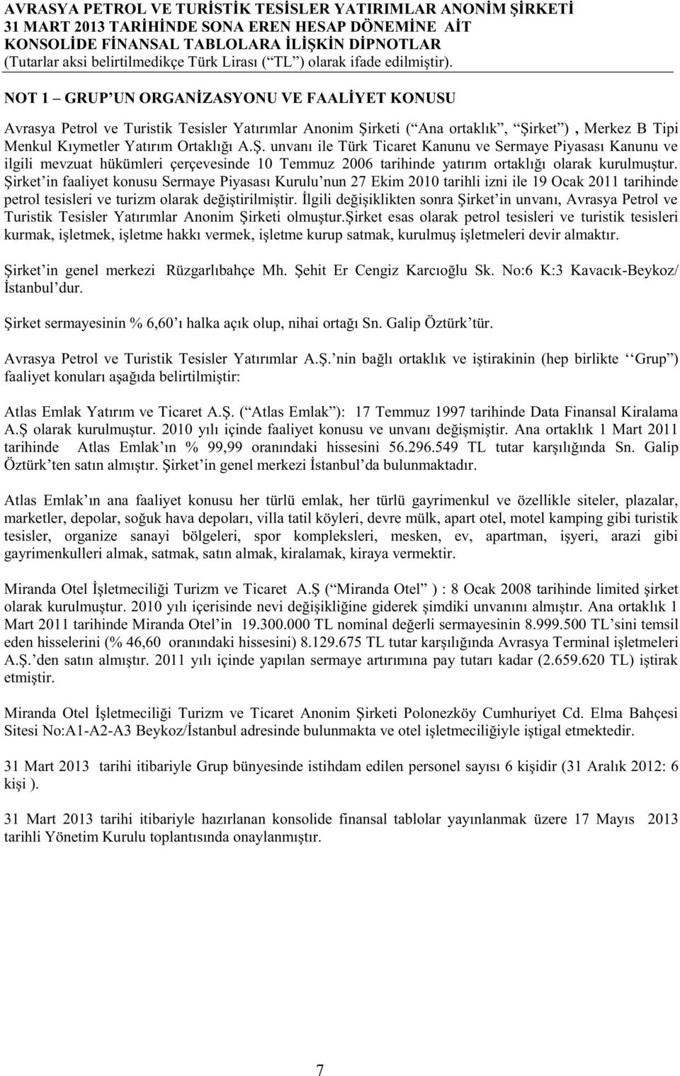 Şirket in faaliyet konusu Sermaye Piyasası Kurulu nun 27 Ekim 2010 tarihli izni ile 19 Ocak 2011 tarihinde petrol tesisleri ve turizm olarak değiştirilmiştir.