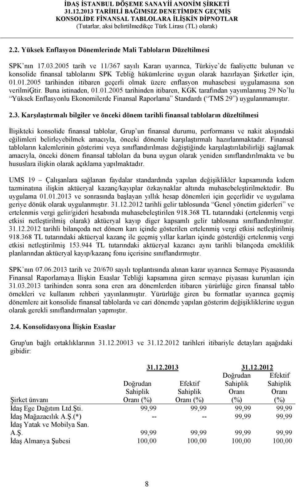 01.2005 tarihinden itibaren geçerli olmak üzere enflasyon muhasebesi uygulamasına son verilmiătir. Buna istinaden, 01.01.2005 tarihinden itibaren, KGK tarafından yayımlanmış 29 No lu Yüksek Enflasyonlu Ekonomilerde Finansal Raporlama Standardı ( TMS 29 ) uygulanmamıştır.