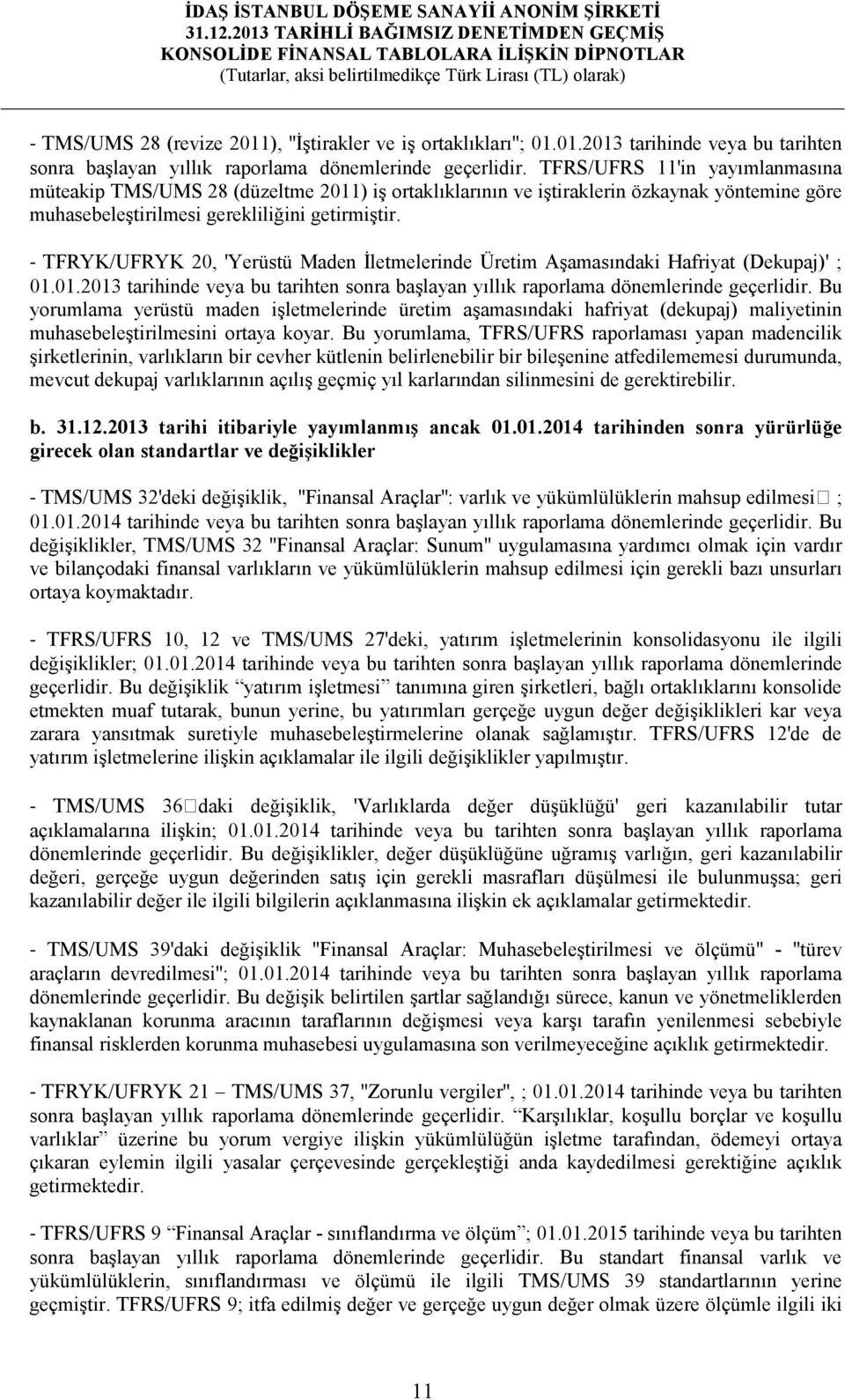 - TFRYK/UFRYK 20, 'Yerüstü Maden Đletmelerinde Üretim Aşamasındaki Hafriyat (Dekupaj)' ; 01.01.2013 tarihinde veya bu tarihten sonra başlayan yıllık raporlama dönemlerinde geçerlidir.