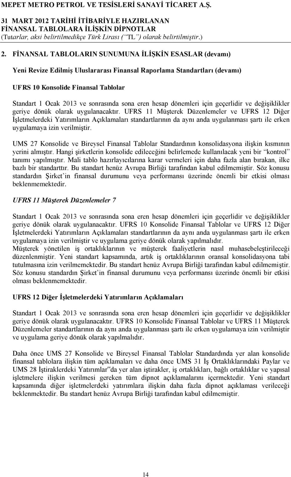 UFRS 11 Müşterek Düzenlemeler ve UFRS 12 Diğer İşletmelerdeki Yatırımların Açıklamaları standartlarının da aynı anda uygulanması şartı ile erken uygulamaya izin verilmiştir.