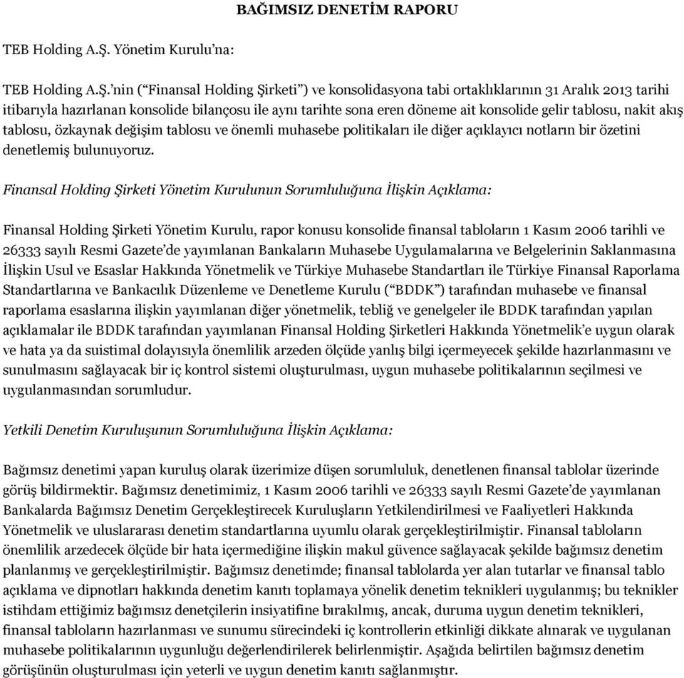 nin ( Finansal Holding Şirketi ) ve konsolidasyona tabi ortaklıklarının 31 Aralık 2013 tarihi itibarıyla hazırlanan konsolide bilançosu ile aynı tarihte sona eren döneme ait konsolide gelir tablosu,