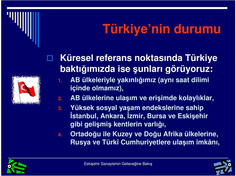 Yüksek sosyal yaşam endekslerine sahip İstanbul, Ankara, İzmir, Bursa ve Eskişehir gibi gelişmiş kentlerin