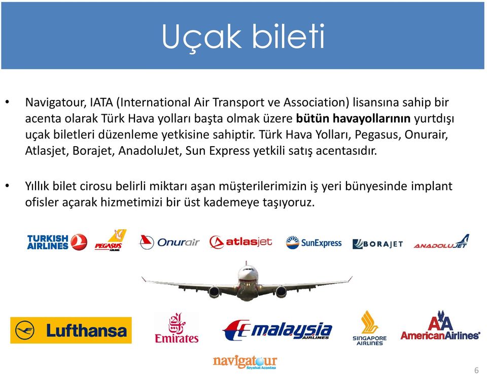Türk Hava Yolları, Pegasus, Onurair, Atlasjet, Borajet, AnadoluJet, Sun Express yetkili satış acentasıdır.