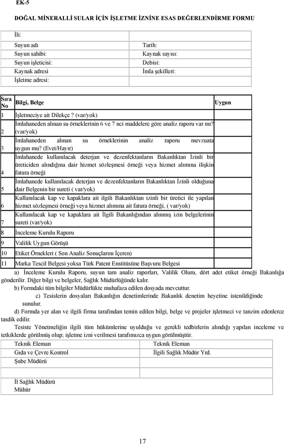 (var/yok) İmlahaneden alınan su örneklerinin analiz raporu mevzuata uygun mu?