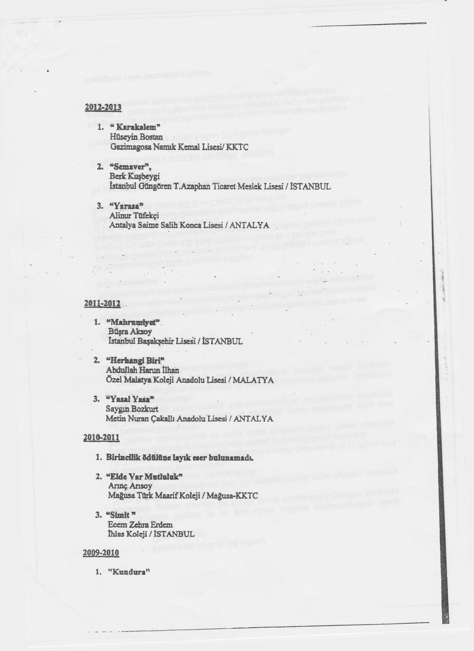 Herhangi Biri Abdullah Hanın îlhan özel Malatya Koleji Anadolu Lisesi / MALATYA 3. Yasal Yaıa Saygın Bozkurt Metin Nuran Çakallı Anadolu Lisesi / ANTALYA 2010-2011 1.