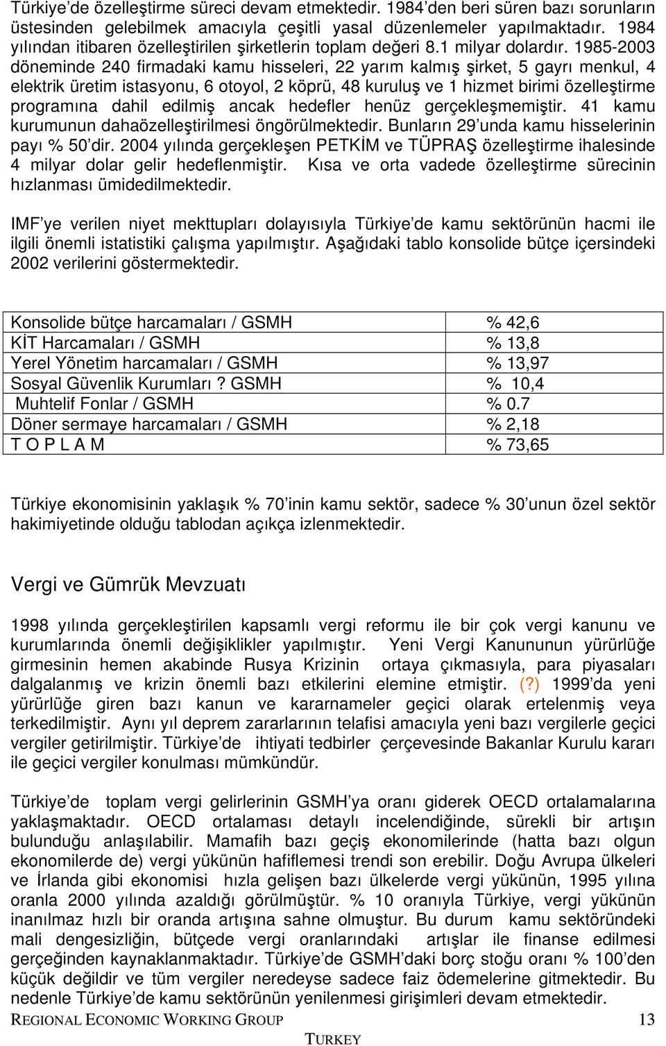 1985-2003 döneminde 240 firmadaki kamu hisseleri, 22 yarım kalmış şirket, 5 gayrı menkul, 4 elektrik üretim istasyonu, 6 otoyol, 2 köprü, 48 kuruluş ve 1 hizmet birimi özelleştirme programına dahil