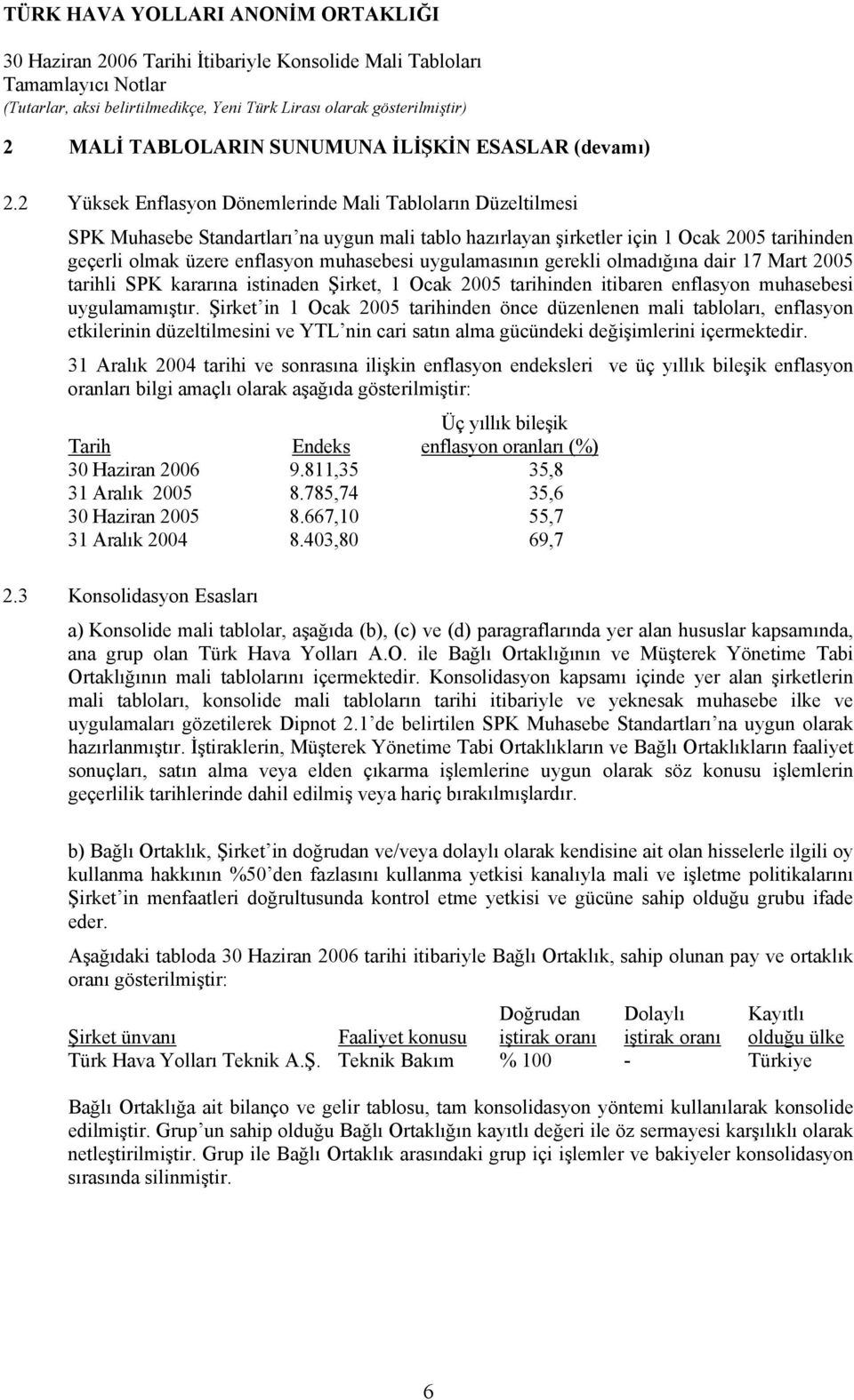 uygulamasının gerekli olmadığına dair 17 Mart 2005 tarihli SPK kararına istinaden Şirket, 1 Ocak 2005 tarihinden itibaren enflasyon muhasebesi uygulamamıştır.