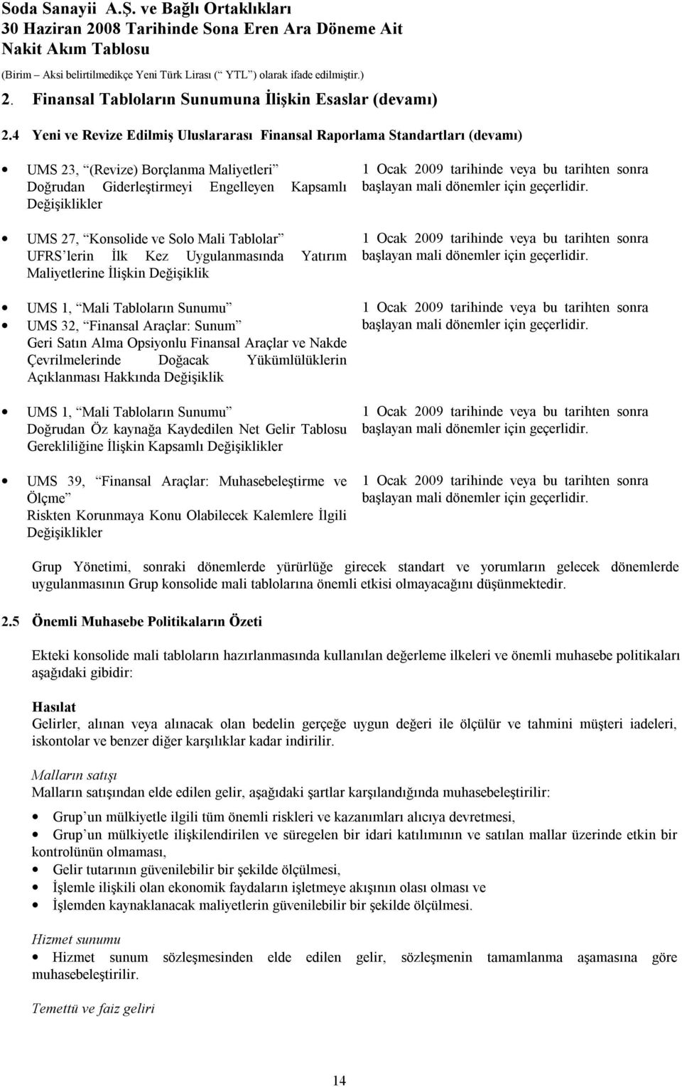 Solo Mali Tablolar UFRS lerin İlk Kez Uygulanmasında Yatırım Maliyetlerine İlişkin Değişiklik UMS 1, Mali Tabloların Sunumu UMS 32, Finansal Araçlar: Sunum Geri Satın Alma Opsiyonlu Finansal Araçlar